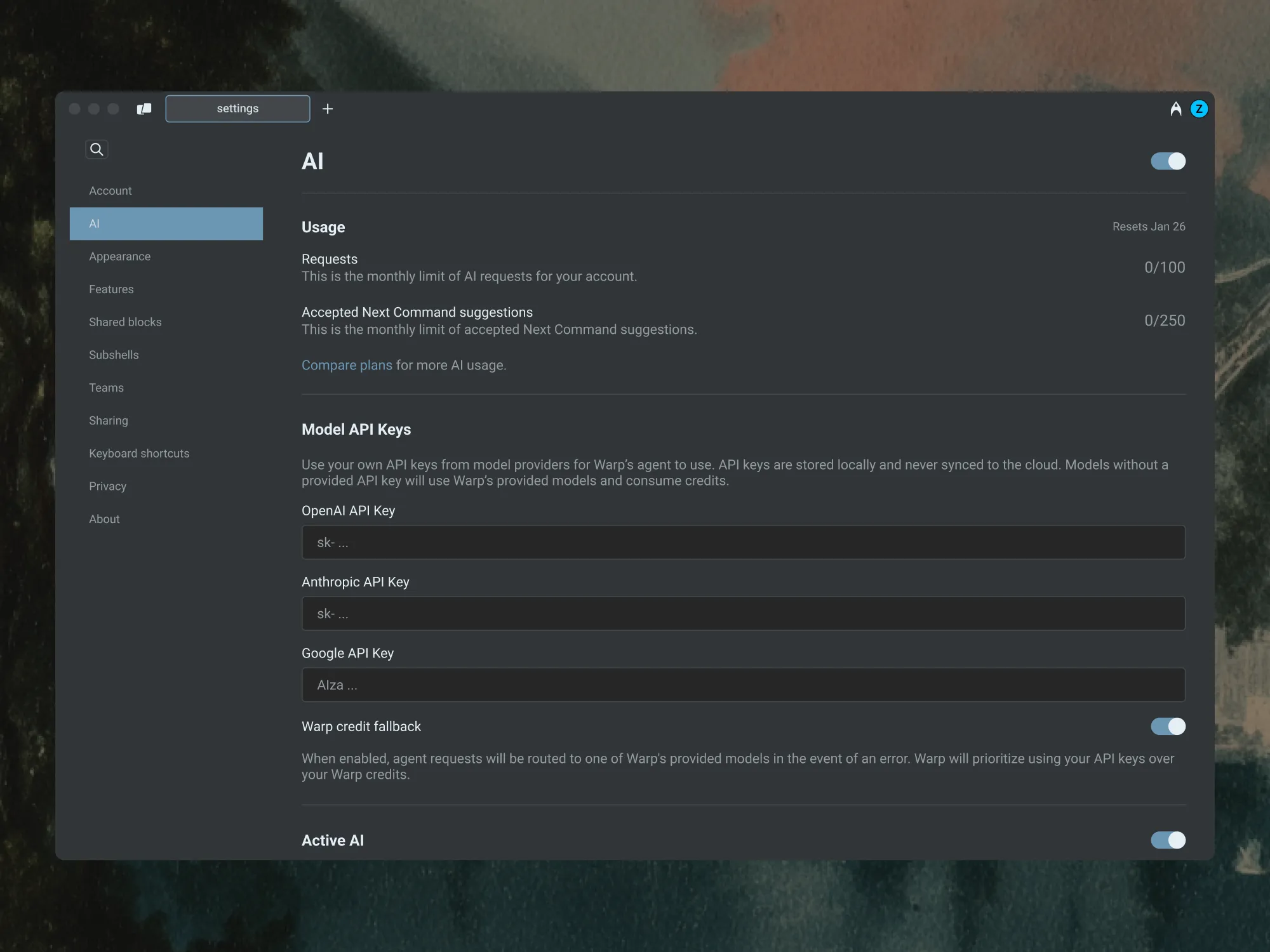 Diagram showing how Warp authenticates BYOK agent requests with your provider API key, bypassing Warp credits.
